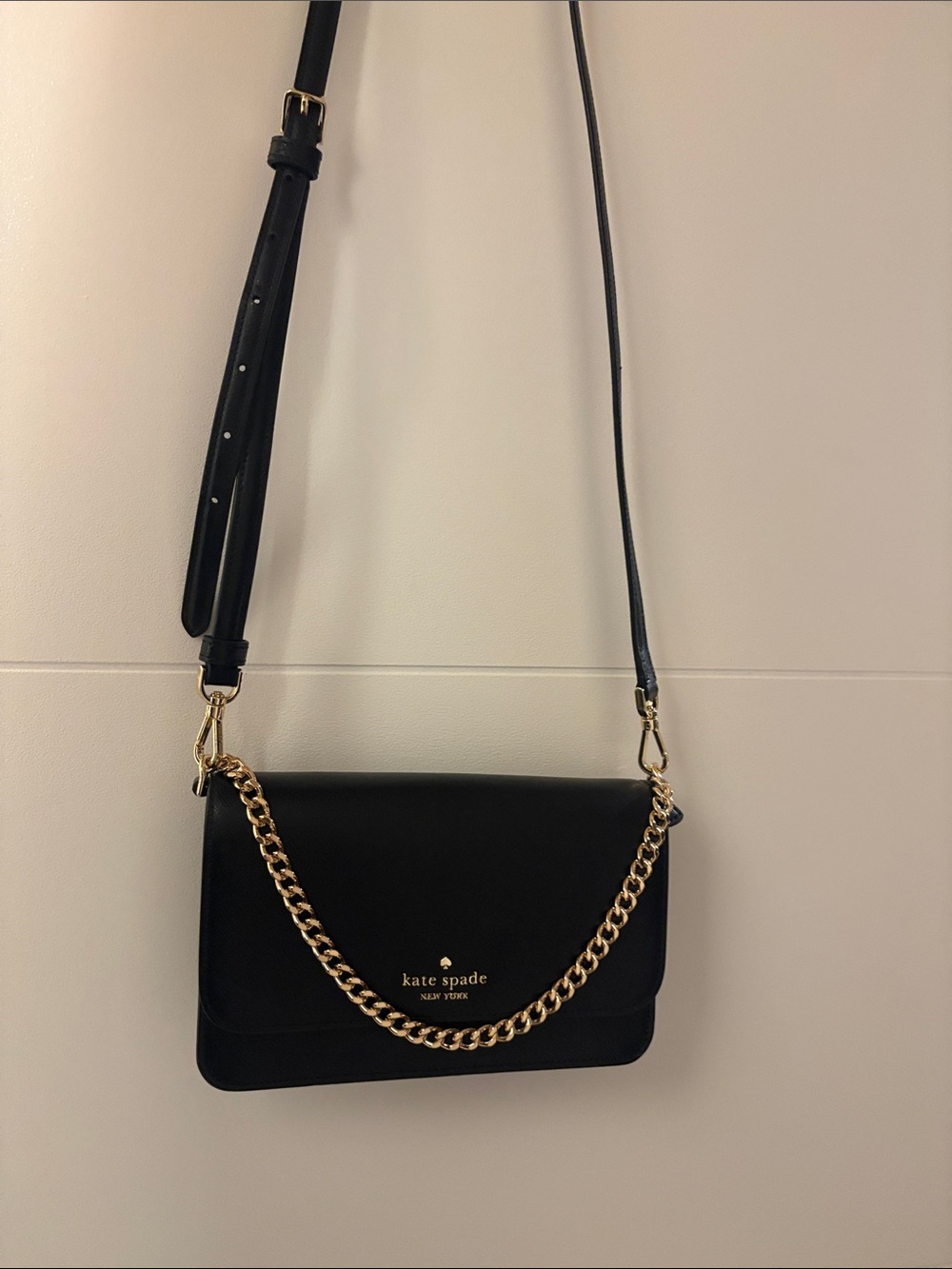 Kate Spade Black Leather Crossbody with Gold Chain Accent